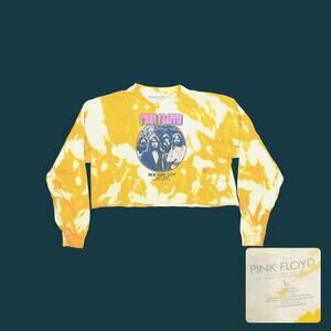 Pink Floyd Custom Bleach Dye Crop Top Oversized Long Sleeve Yellow T-Shirt L